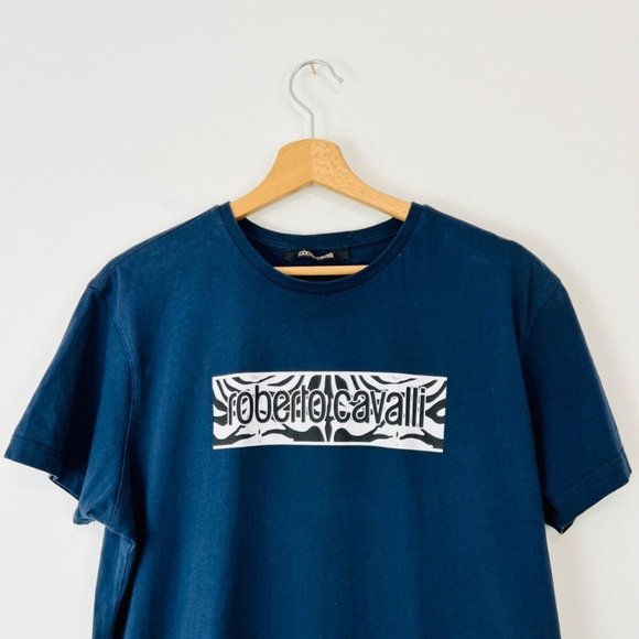 Roberto Cavalli Navy Blue Tiger Print Spell Out Logo Slim Fit T Shirt UK XXL - Picture 4 of 13